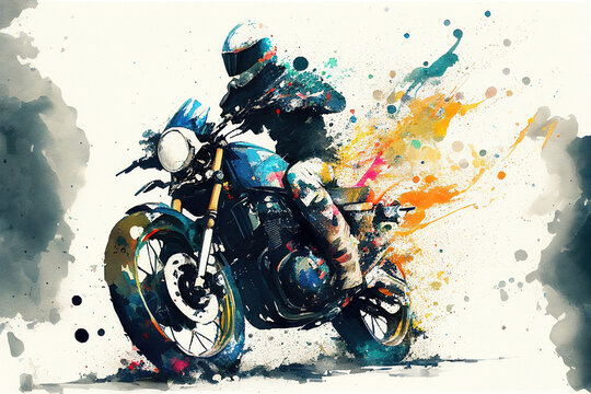 Motorbike biker riding bike as watercolor illustration (Generative AI)