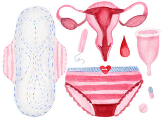 Watercolor set, women's products, pad, cup, tampon, panties, pills, reproductive system isolated on white background. 