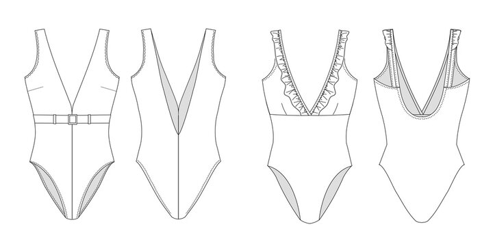 Woman sustainable swimwear, technical drawing, template, sketch, flat, mock up. Recycled PA, Recycled PES, Lycra fabric. Swimwear fashion front and back view, white color

