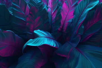tropical exotic leaf neon background trend art night jungle plant purple. Generative AI.