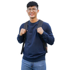 close up young asian student man carry bag and smile isolated on transparent background for teenage lifestyle in campus and education concept
