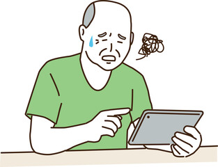 タブレットを持ちながら困る高齢者男性