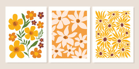 Abstract contemporary posters with floral design, aesthetic minimalist backgrounds set, modern trendy wall decoration