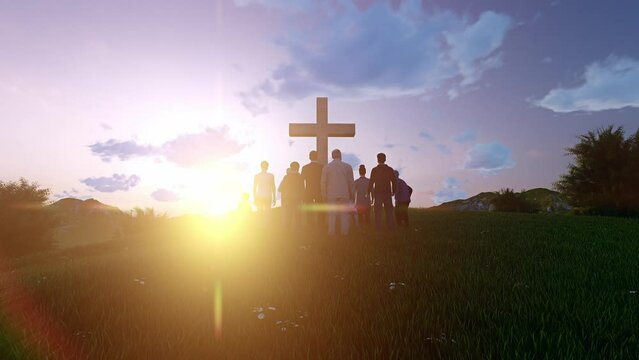 A crowd of people at a Christian meeting during the glorification praise of God in the middle of Nature. Professional Cinematic 4K 3d Animation.