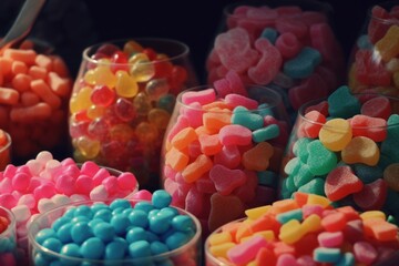 Fototapeta na wymiar A bunch of colorful candy is in a glass jar. Generative AI