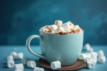 A blue mug of hot chocolate with marshmallows on top. Generative AI
