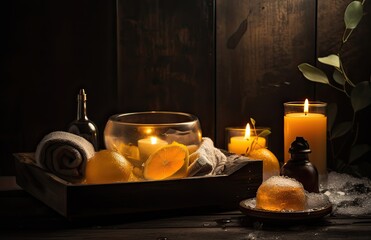 Spa stones, towel and candles on color background. Spa composition and treatments on light wooden background, close-up. Generative Ai