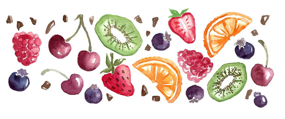 Set of summer berries and fruits for desserts. Cherries and strawberries, blueberries and raspberries, kiwi and orange slices on a white background. watercolor freehand illustration 