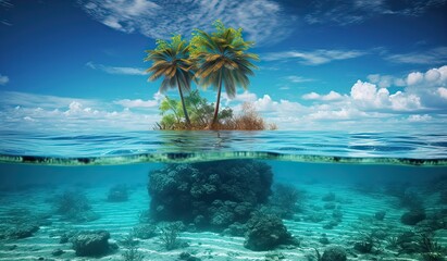 Obraz na płótnie Canvas Tropical Island And Coral Reef - Split View With Waterline. Beautiful underwater view of lone small island above and below the water surface in turquoise waters of tropical ocean. Generative Ai.