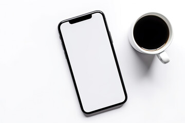 Smartphone with blank screen and cup of coffee on white background.