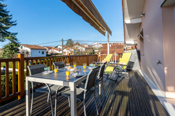 Breakfast on a terrace one summer morning, healthy breakfast