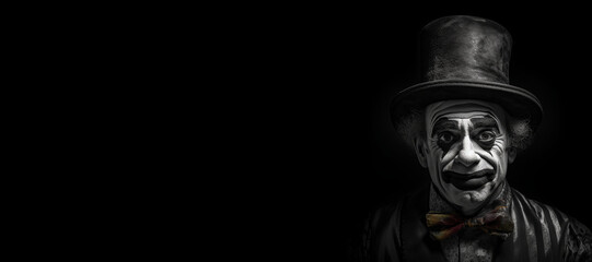 Fototapeta na wymiar Black and white photorealistic studio portrait of a clown on black background. Generative AI illustration
