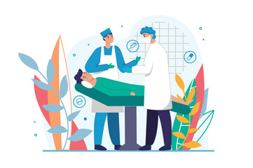 Operating medicine concept with people scene in the flat cartoon design. A team of surgeons performs an operation on a patient. Vector illustration.