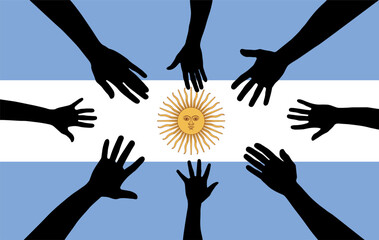 Group of Argentina people gathering hands vector silhouette, unity or support idea