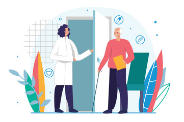 Elderly people medicine concept with people scene in the flat cartoon style. The doctor invites an elderly man to an appointment. Vector illustration.
