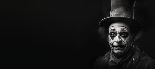 Obraz premium Black and white photorealistic studio portrait of a clown on black background. Generative AI illustration