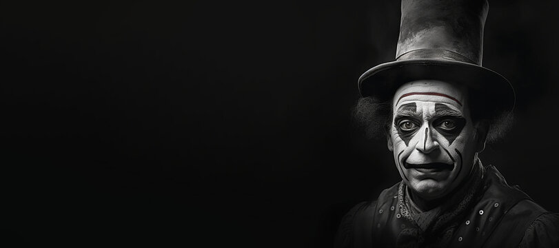 Black and white photorealistic studio portrait of a clown on black background. Generative AI illustration