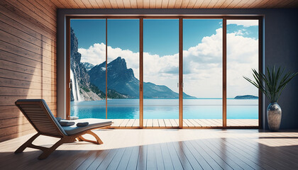 Ai generate Minimal wood room open door living room at to seaview high mountain Landscape. holiday relax concept