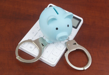 Piggy bank and handcuffs with calculator on table. Banking, funding and crimes concept.