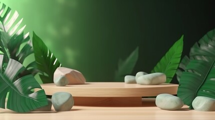 Wood podium with green leaves and natural stones, Background for cosmetic products of natural color, Generative Ai