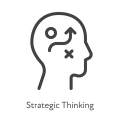 Outline style ui icons soft skill for business collection. Vector black linear illustration. Strategic thinking. Head with trajectory around obstacle symbol isolated. Design for corporate training