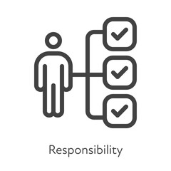Outline style ui icons soft skill for business collection. Vector black linear illustration. Responsibility. Man with task management and check mark symbol isolated. Design for corporate training