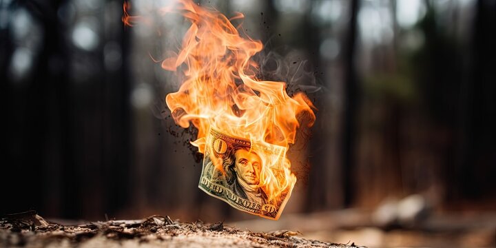 dollars burn in a fire on a black background,  economic crisis in America. Decrease in profit. Recession. illustration by ai generative