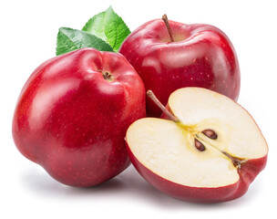 Ripe red apples and apple slice isolated on white background.