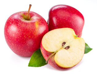 Ripe red apples and apple slice isolated on white background.
