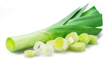 Fresh green leek stem and leek slices isolated on white background.