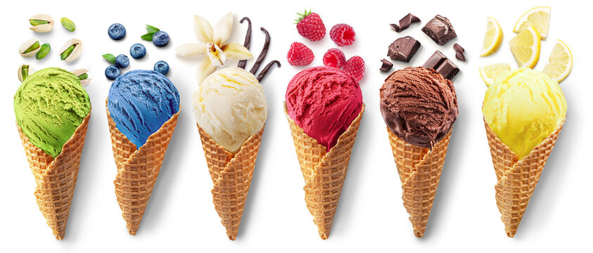 Set of different types of ice cream balls in waffle cones with ice cream ingredients - fruits, berries and sweets.