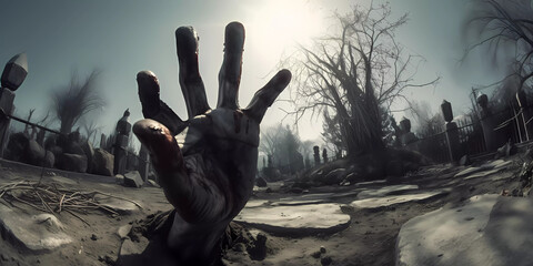 Zombie hand bursting from grave
