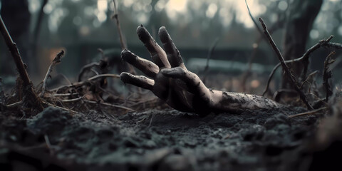 Zombie hand bursting from grave