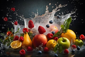 Fototapeta na wymiar beautiful fruits and vegetables in a massive juicy splash, ai tools generated image