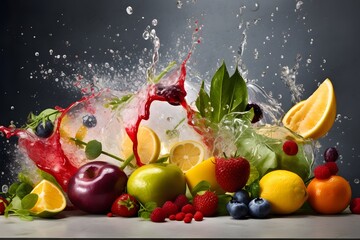 Obraz na płótnie Canvas beautiful fruits and vegetables in a massive juicy splash, ai tools generated image