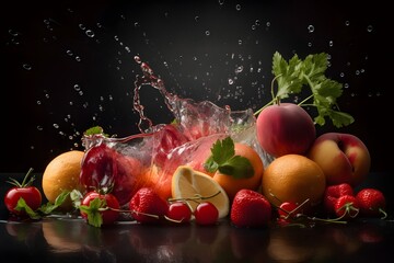 Fototapeta na wymiar beautiful fruits and vegetables in a massive juicy splash, ai tools generated image