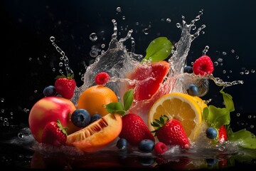 beautiful fruits and vegetables in a massive juicy splash, ai tools generated image