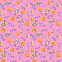 Illustration of a seamless repeating pattern of colorful lollipops and candy on pink background. Pattern with colorful candies. Repeatable candy pattern. For print, birthday party, school lessons
