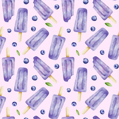 Pink seamless pattern with blueberry popsicles. Digital watercolor for fabric, print