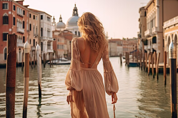 Back beautiful slim chic girl with long blond hair in golden hour against the background Venice canal Generative AI.