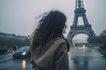 Once in Paris. Back of woman in rain weather against Eiffel tower. Generative AI.