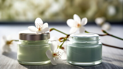 Obraz na płótnie Canvas Natural organic eco cosmetics in open jars with blooming cherry flowers, beauty and SPA theme. Cosmetic containers with cream or lotion, natural ingredients, face care concept. Generative Ai