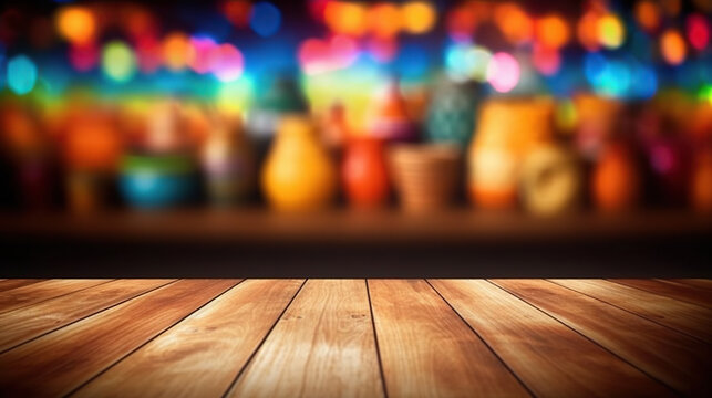 wooden table background with blurred mexican Cinco de Mayo background, generative ai