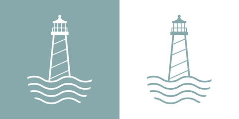 Logo Nautical. Icono de torre marítima en puerto. Faro de luz lineal con olas de mar © teracreonte