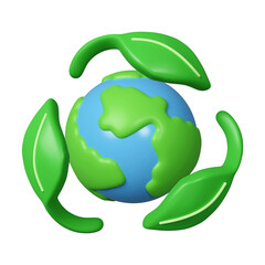 3d leaf recycle with planet symbol. 3d no plastic bottles. Save Earth. Save Environment Concept. icon isolated on white background. 3d rendering illustration. Clipping path.