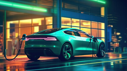 Electric car charging on the station, illustration. Green neon glowing EV vehicle filling up a battery. Modern hybrid. Generative Ai