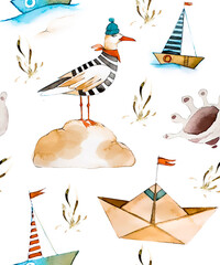 Watercolor marine set. Stickers, bookmarks. A seagull on a rock, a kite, a shell, a captain, a boat, a paper boat. Suitable for decorating books, postcards, children's parties, fabrics, wallpaper.