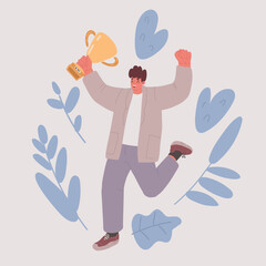 Vector illustration of Employee recognition or proud workers of the month business concept. Young adult man jump in the air with trophy cup.