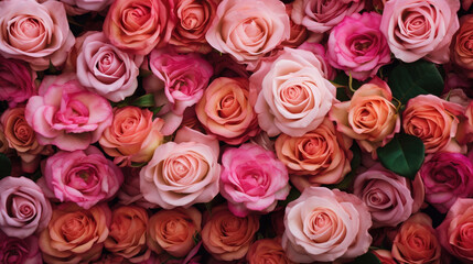 Obraz na płótnie Canvas Pink roses flat lay wallpaper or background. AI 
