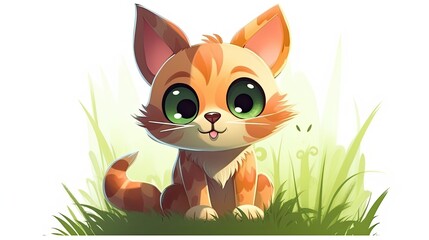 Obraz na płótnie Canvas Cartoon cat in sitting pose on a grass background. Cute kitty illustration. Generative AI